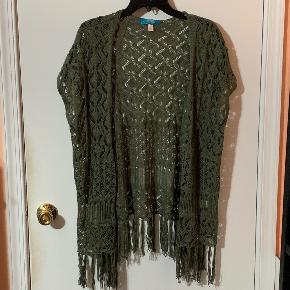 Olive Green Crochet Short Sleeve Wrap Cardigan